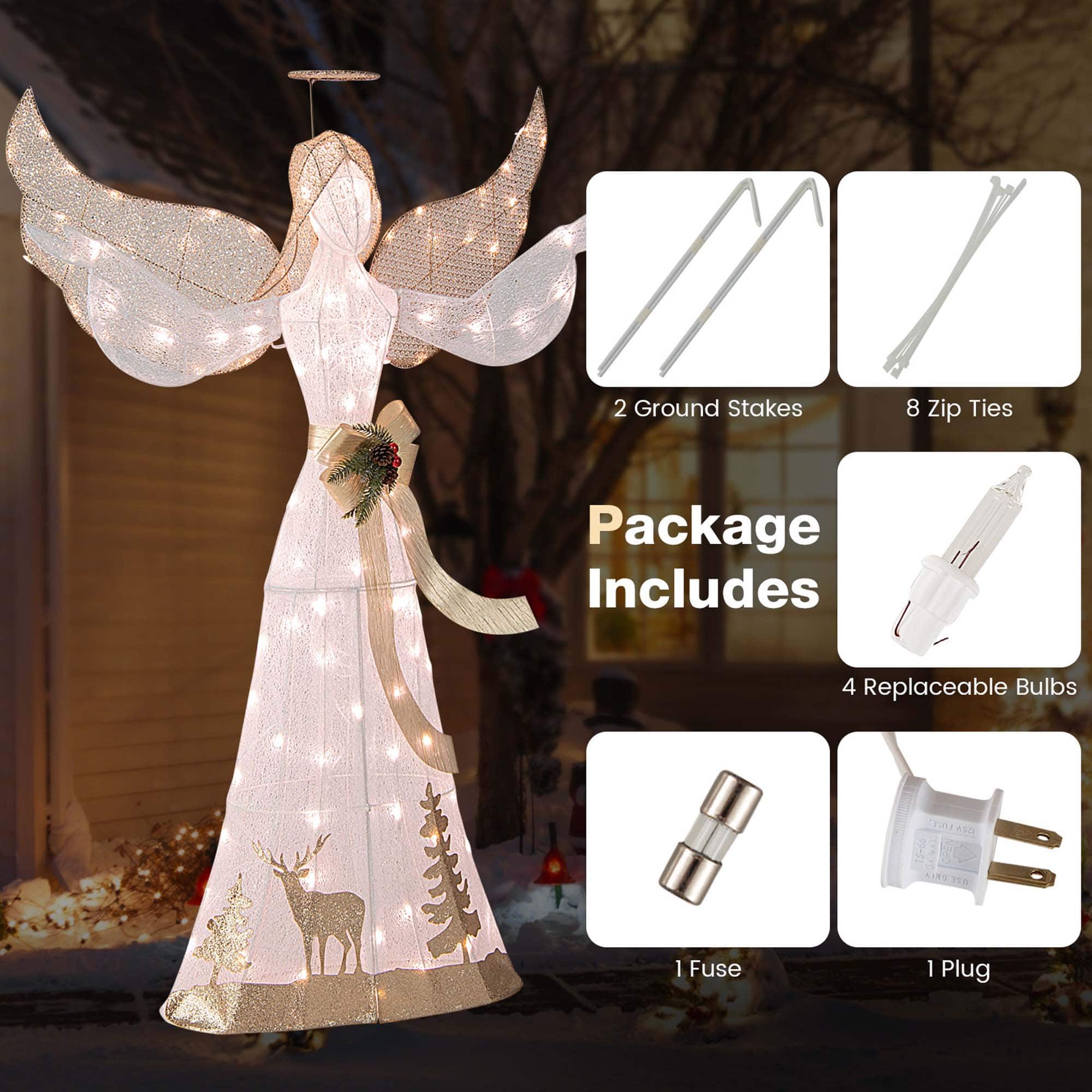 The image features a woman with angel wings, which is a Christmas decoration. The package includes 2 ground stakes, 8 zip ties, and 4 replaceable bulbs. The decoration is designed to be used outdoors and is suitable for both indoor and outdoor use. The package also comes with a 1-fuse, 1 plug, and is suitable for use in various settings.