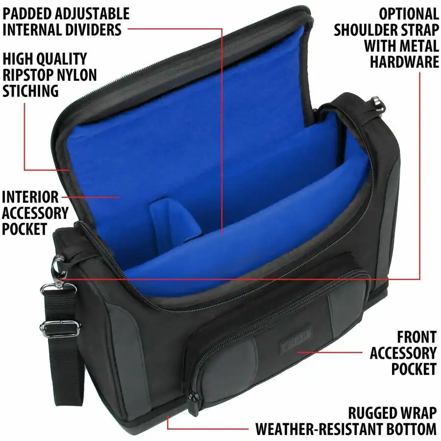 - Padded Adjustable Internal Dividers
- High Quality Ripstop Nylon Stitching
- Interior Accessory Pocket
- Optional Shoulder Strap with Metal Hardware
- Front Accessory Pocket
- Rugged Wrap Weather-Resistant Bottom