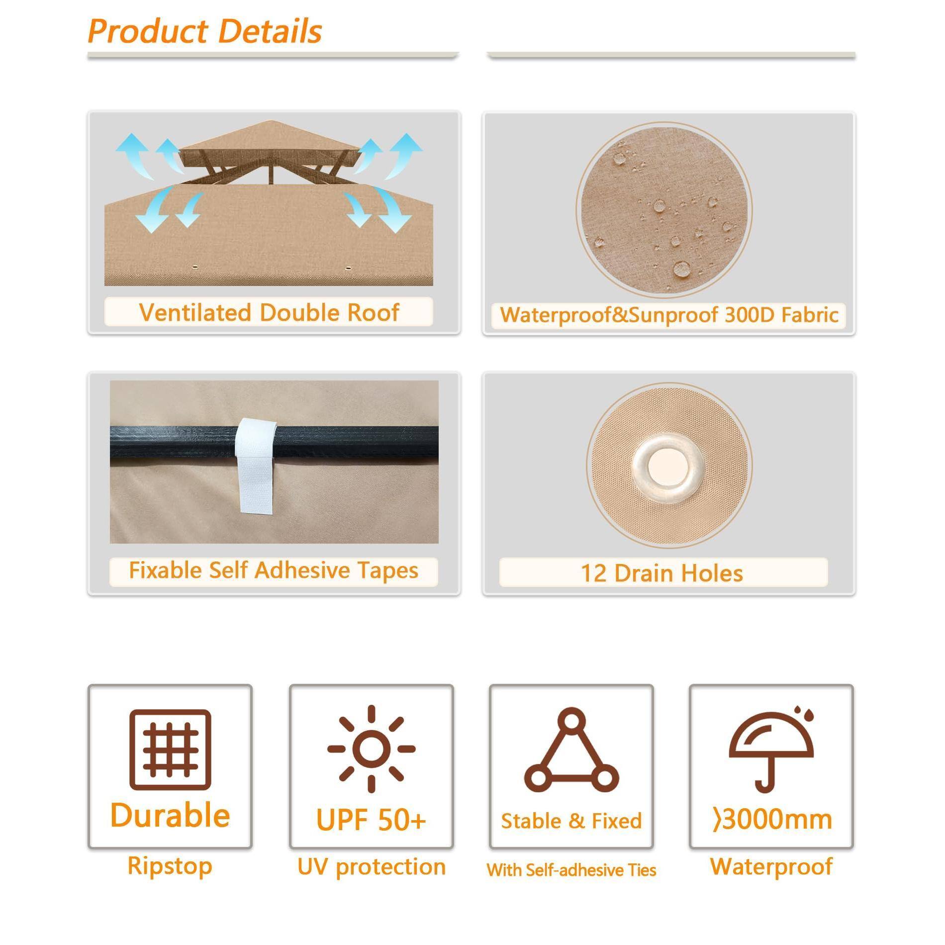 Product Details

- Ventilated Double Roof
- Waterproof & Sunproof 300D Fabric
- Fixable Self Adhesive Tapes
- 12 Drain Holes
- Durable Ripstop
- UPF 50+ UV protection
- Stable & Fixed with Self-adhesive Ties
- >3000mm Waterproof