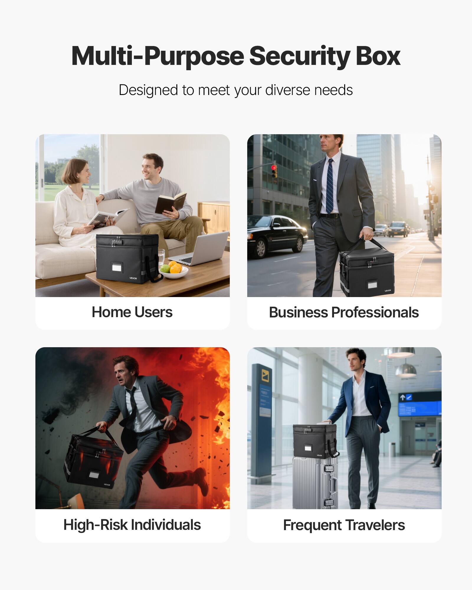 Multi-Purpose Security Box  
Designed to meet your diverse needs  

- Home Users  
- Business Professionals  
- High-Risk Individuals  
- Frequent Travelers