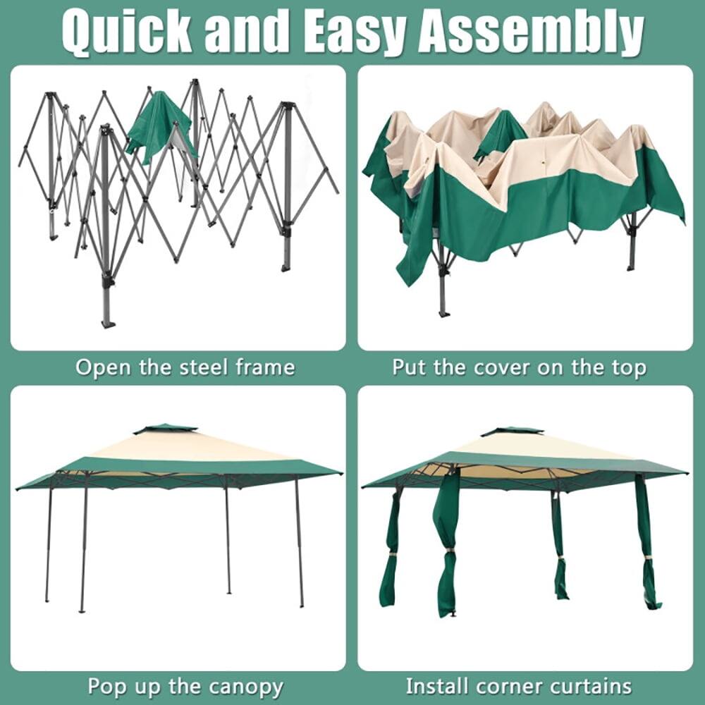Quick and Easy Assembly

1. Open the steel frame
2. Put the cover on the top
3. Pop up the canopy
4. Install corner curtains