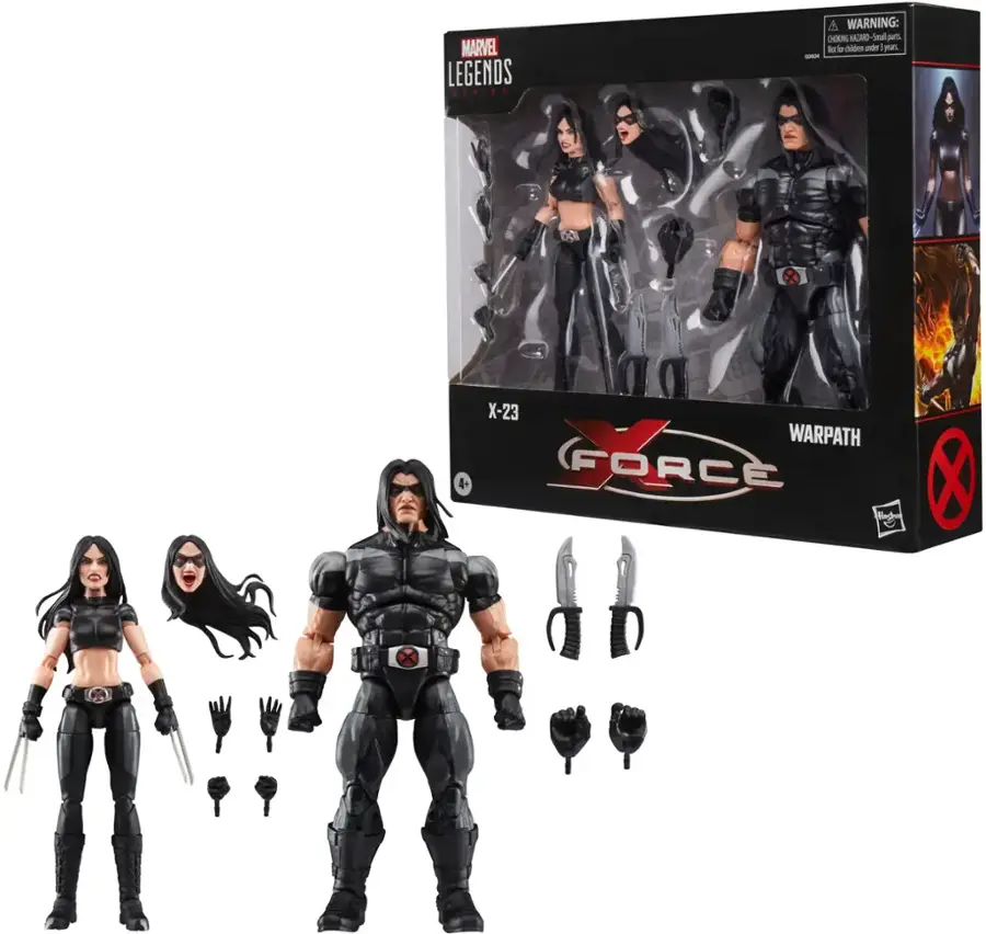 The image features a Marvel Legends Series action figure set, which includes a Wolverine figure and a X-23 figure. The set also comes with accessories such as a sword and a knife. The figures are displayed in a box, showcasing the action figures and their accessories.