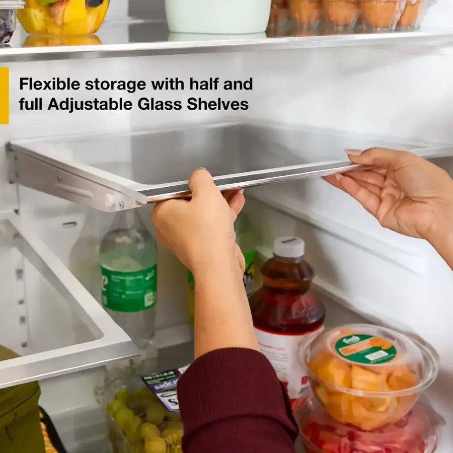 Flexible storage with half and full adjustable glass shelves.