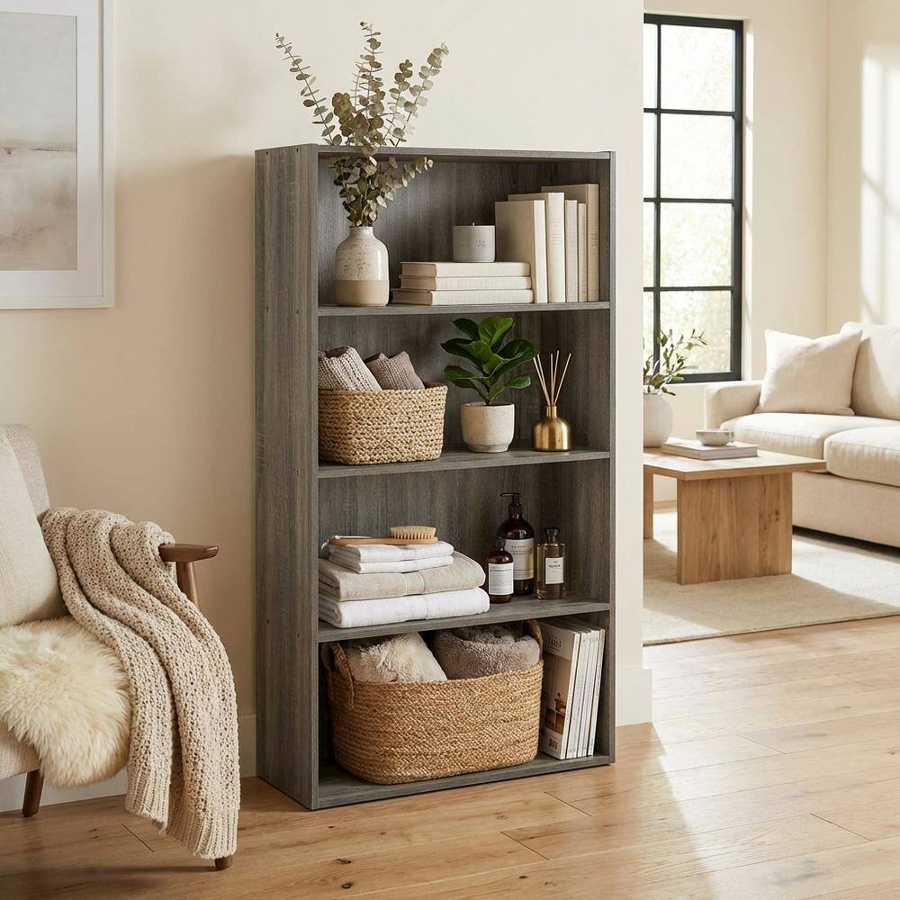 Left. FurniFact - French Oak Grey 4-Tier Open Shelf Bookcase with Wooden Construction - French Oak Grey.