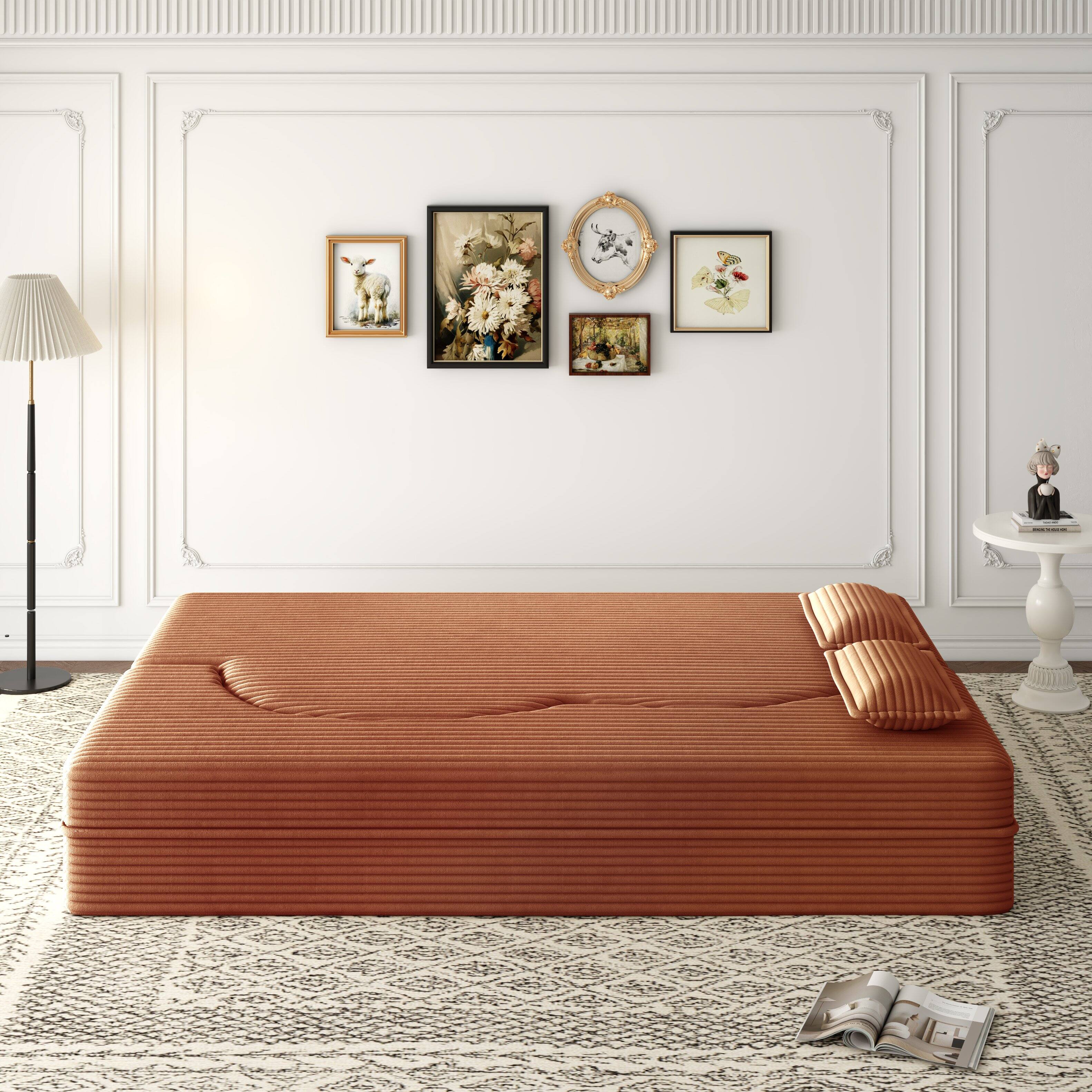 Alt View 2. Trinkets Crazed - Convertible Sleeper Sofa Bed,15" Thick Full Size Folding Floor Couch, Corduroy Foam-Filled Futon Loveseat Couch - Orange.