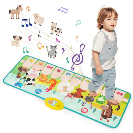 Sure, here is the corrected and grouped text from the image:
**On the mat:**
- "DEMO"
- "BEE"
- "DOG"
- "CAT"
- "SHEEP"
- "COW"
- "HORSE"
- "BIRD"
- "TIGER"
- "RABBIT"
- "LION"
- "TOS"
- "VE"
- "Y"
**On the yellow button:**
- "DEMO"
**On the mat's bottom left corner:**
- "DEMO"