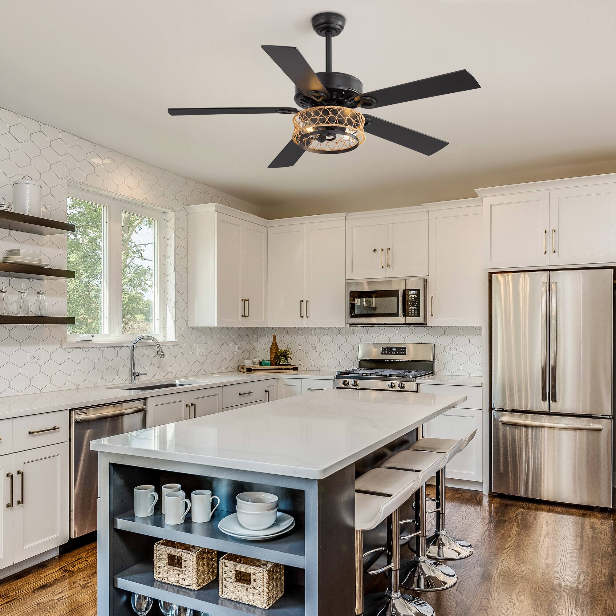 Left. Breezary - 52-Inch Ceiling Fan with Light, 5 Reversible Blades, E26 Bulb Socket, DC Motor, Remote, Includes 5 & 10-Inch Downrods - matte black and walnut.