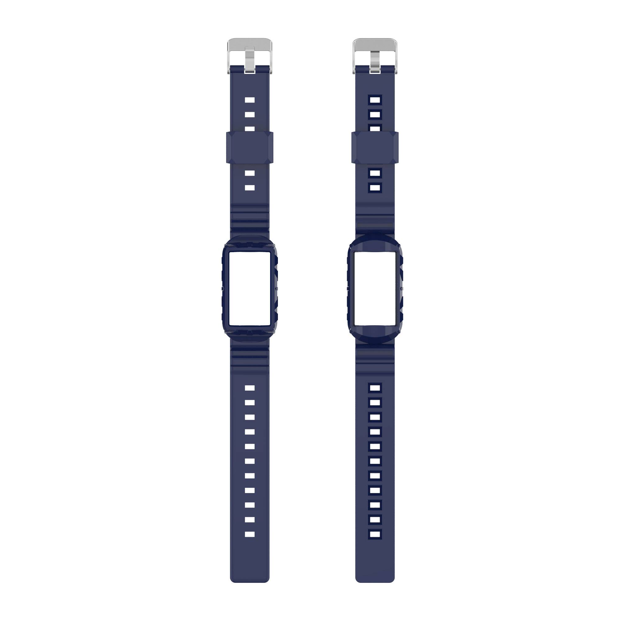 Left. StrapsCo - Rugged Rubber Case Strap Silicone Watch Band For Fitbit Charge 6 - Navy Blue.