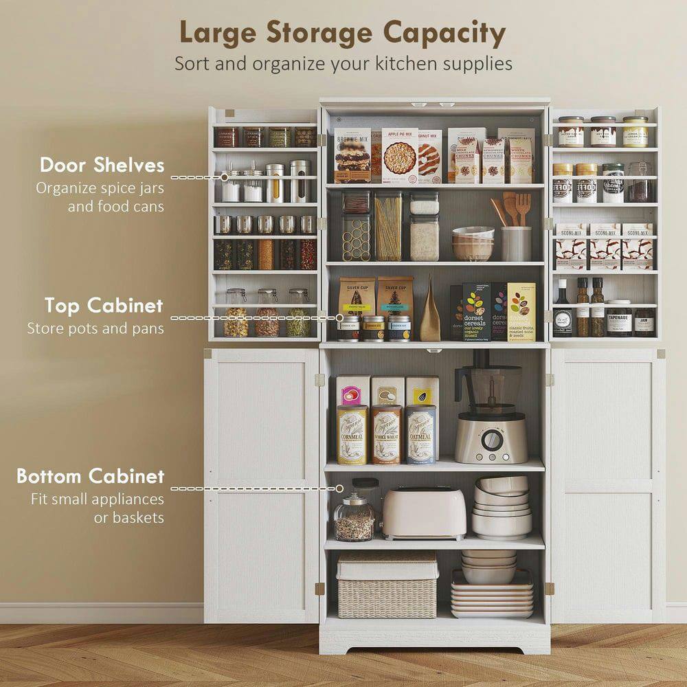 Large Storage Capacity  
Sort and organize your kitchen supplies

Door Shelves  
Organize spice jars and food cans

Top Cabinet  
Store pots and pans

Bottom Cabinet  
Fit small appliances or baskets