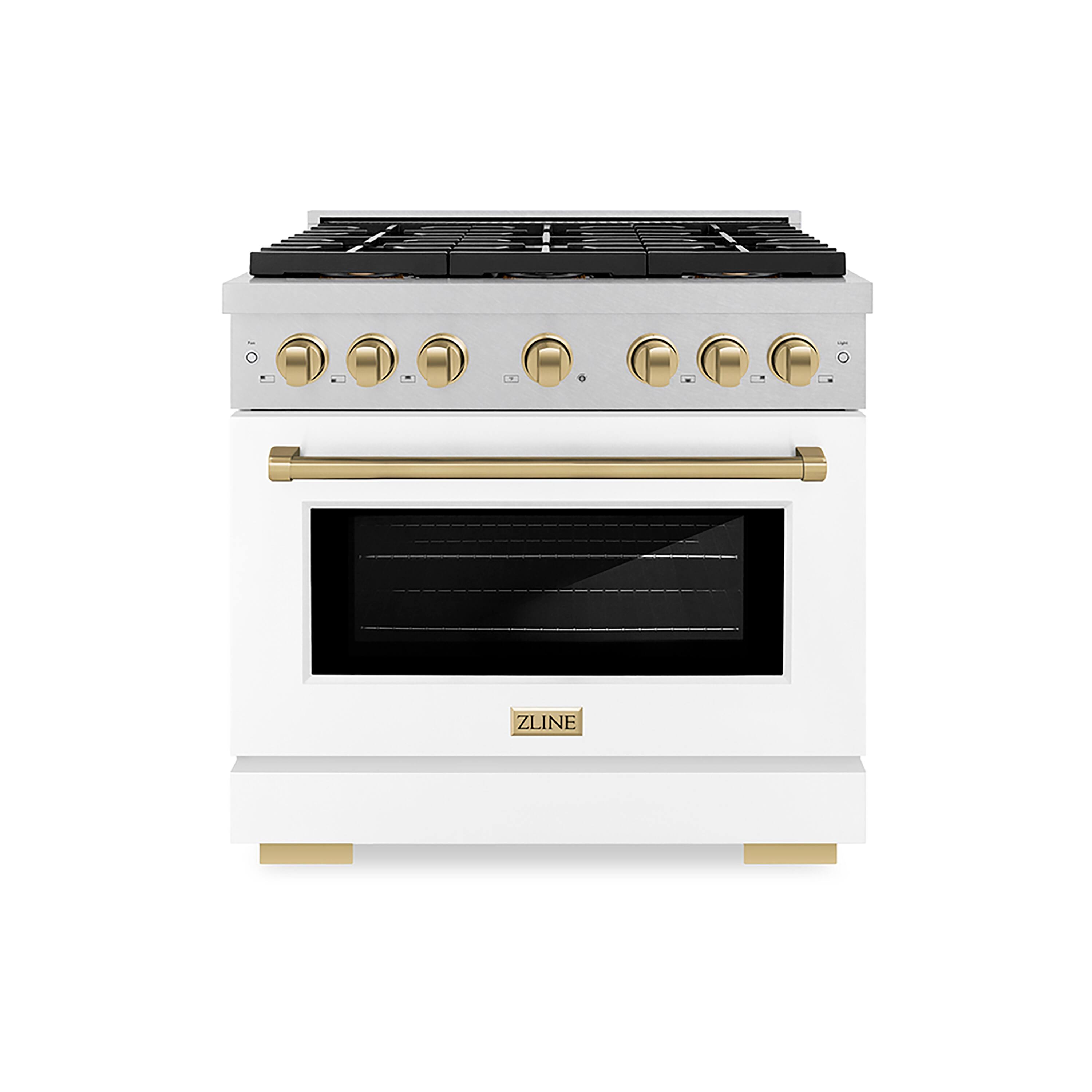 Front. ZLINE - Autograph 36 in. 5.2 cu. ft. Freestanding Paramount Dual Fuel DuoPro Range in Satin Steel w/ White & Bronze Accents - White Matte.