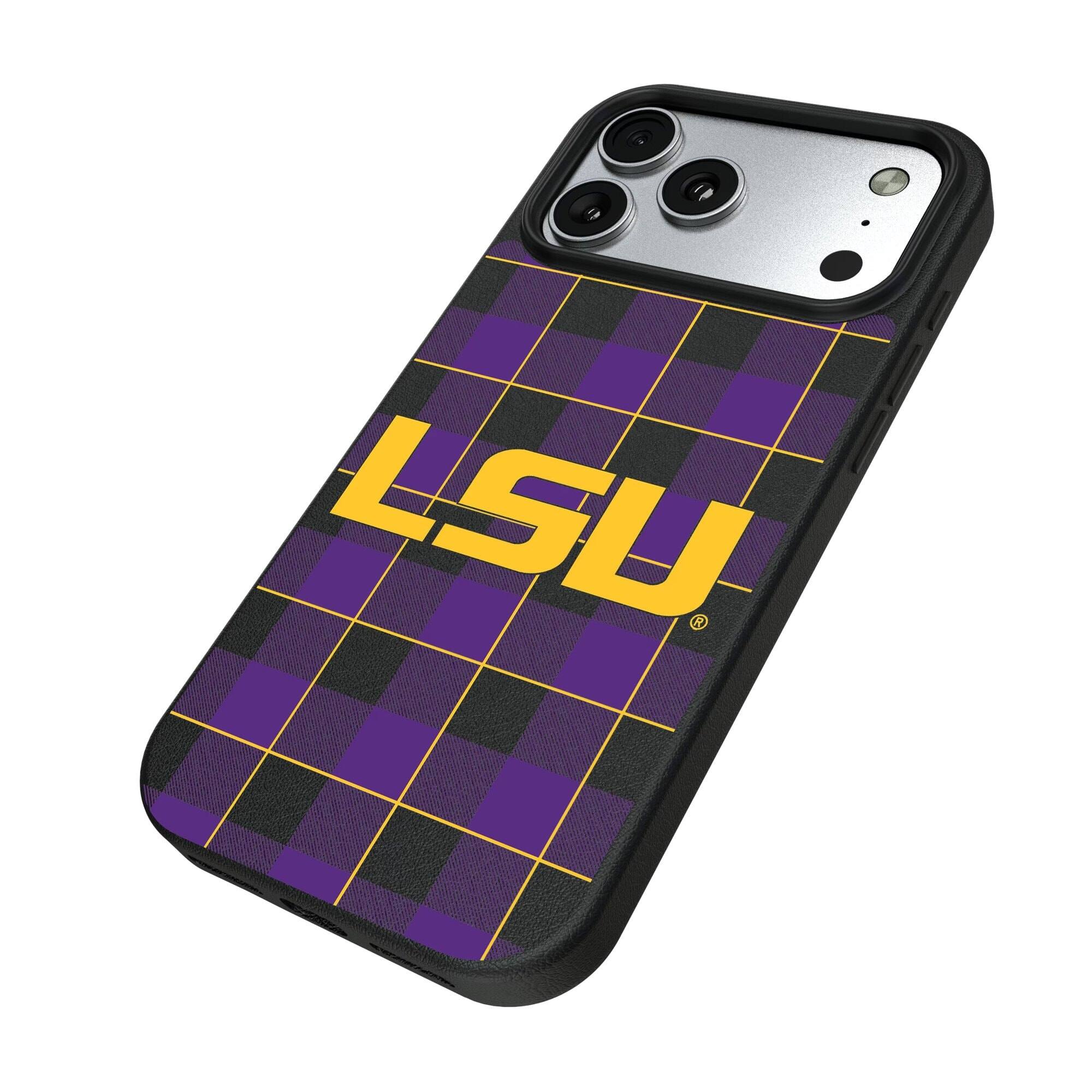 Alt View 1. Keyscaper - LSU Tigers Plaid Magnetic Bump iPhone Case - 16 - Black.