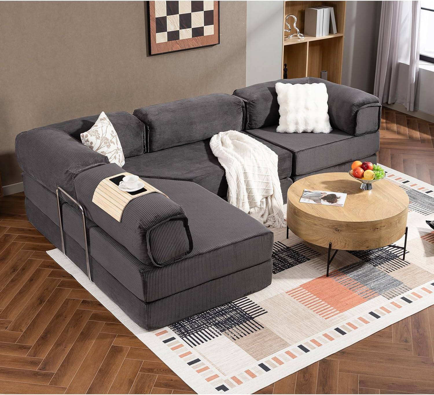 Back. Yardgrace - 108" L-Shaped Modular Sectional Sofa, Cloud Deep Seat Chaise with Removable Pillow, No Assembly Required - Grey.