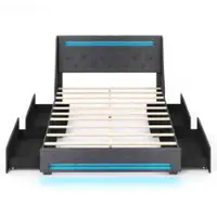 Costway - Queen Size Bed Frame with LED Lights & Charging Station Upholstered Platform Bed - Gray - Front_Zoom
