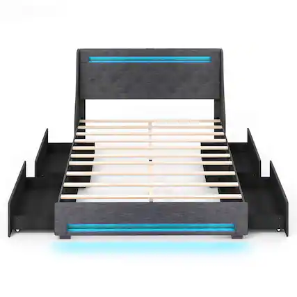 Front. Costway - Queen Size Bed Frame with LED Lights & Charging Station Upholstered Platform Bed - Gray.