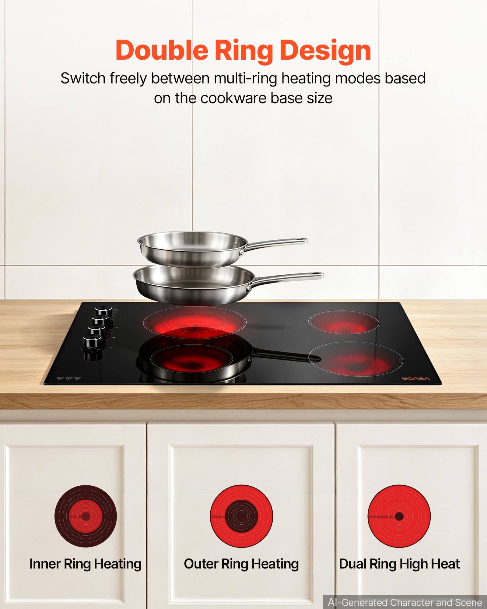 Double Ring Design  
Switch freely between multi-ring heating modes based on the cookware base size

Inner Ring Heating  
Outer Ring Heating  
Dual Ring High Heat  

AI-Generated Character and Scene