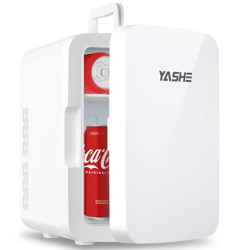 YASHE - Portable 10L Mini Fridge, 12 Can Skincare & Drink Cooler, Thermoelectric cooler& warmer, 110V/12V for Home& Car - White