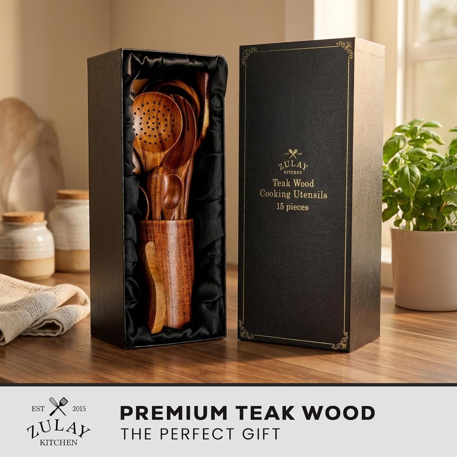 ZULAY KITCHEN Teak Wood Cooking Utensils 15 pieces EST 2015 PREMIUM TEAK WOOD THE PERFECT GIFT