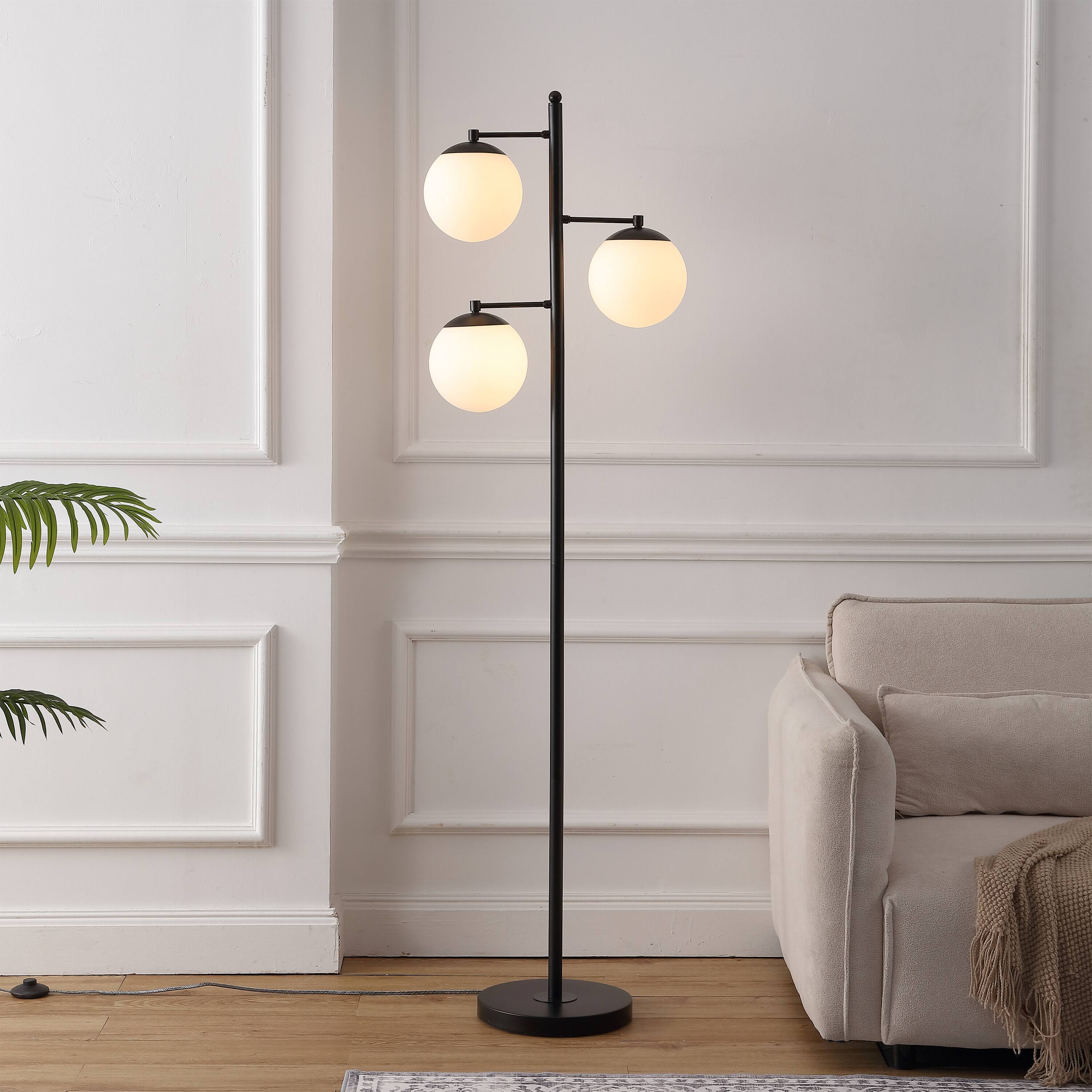 Alt View 1. Jonathan Y - Ellie 66" 3-Light Mid-Century Modern Metal LED Floor Lamp with Triple Frosted Globe Shades, Black/White - Black.