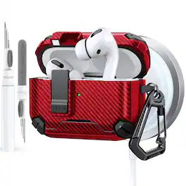 Dteck - Case for Airpods Pro 3rd Gen (2025) with Magnetic Lock,Compatible with Mag Safe,Carbon Fiber Texture Cover + Carabiner - Red