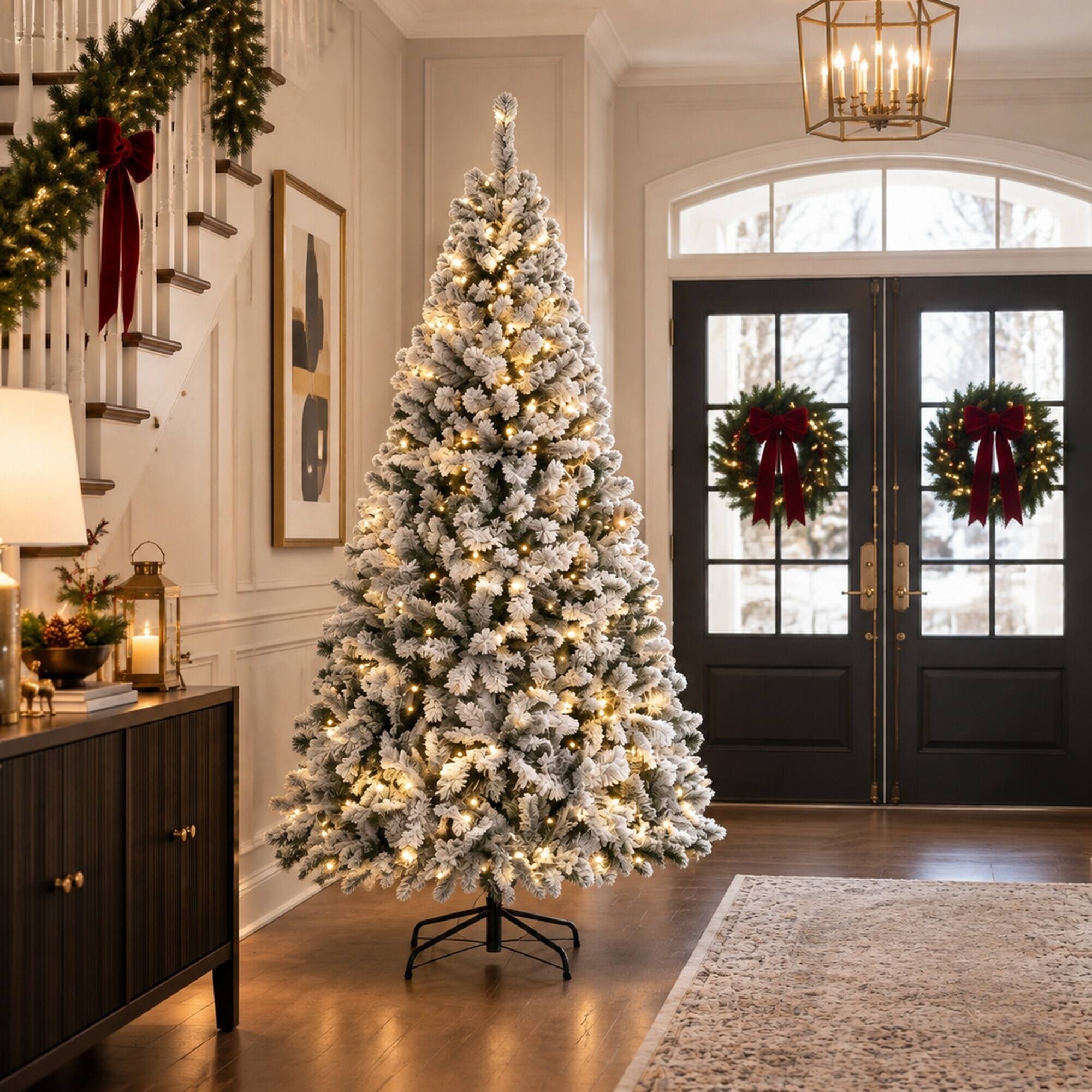 Alt View 2. RYHNUYNE - 7.5FT Pre-Lit Flocked Fraser Fir Christmas Tree With LED Lights and Hinged Branches, Foldable Metal Base - Green.