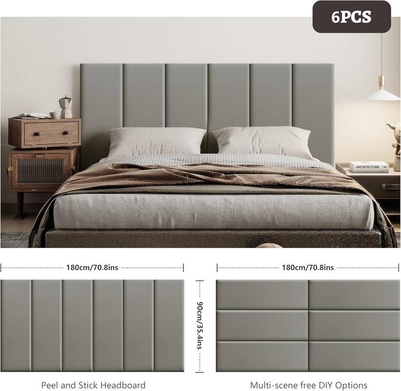 6PCS, Peel and Stick Headboard, Multi-scene free DIY Options, 180cm/70.8ins, 90cm/35.4ins