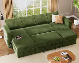 Dyonery - 105" 6 Seat Sleeper Couch with Storage Chaise & USB Ports, U-Shaped Sofa Bed with Pull Out Bed/Reclining Backrest - Green