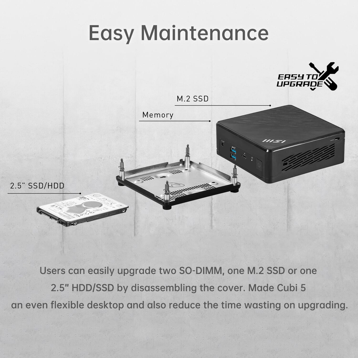Easy Maintenance

EASY TO UPGRADE

Users can easily upgrade two SO-DIMM, one M.2 SSD or one 2.5" HDD/SSD by disassembling the cover. Made Cubi 5 an even flexible desktop and also reduce the time wasting on upgrading.