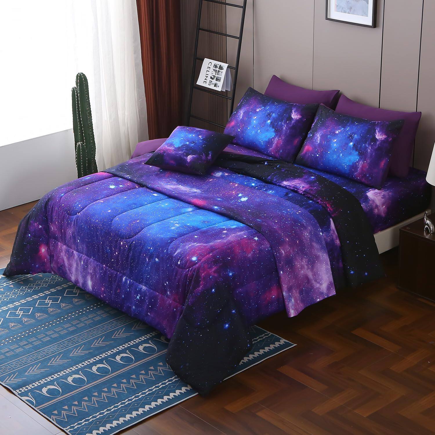 Alt View 3. Paradigms Interiors - Galaxy Comforter Sets Blanket 6 Piece Bed In A Bag 3d Outer Space Themed Bedding All-season Reversible Quil... - Blue Purple-Full(8pc).