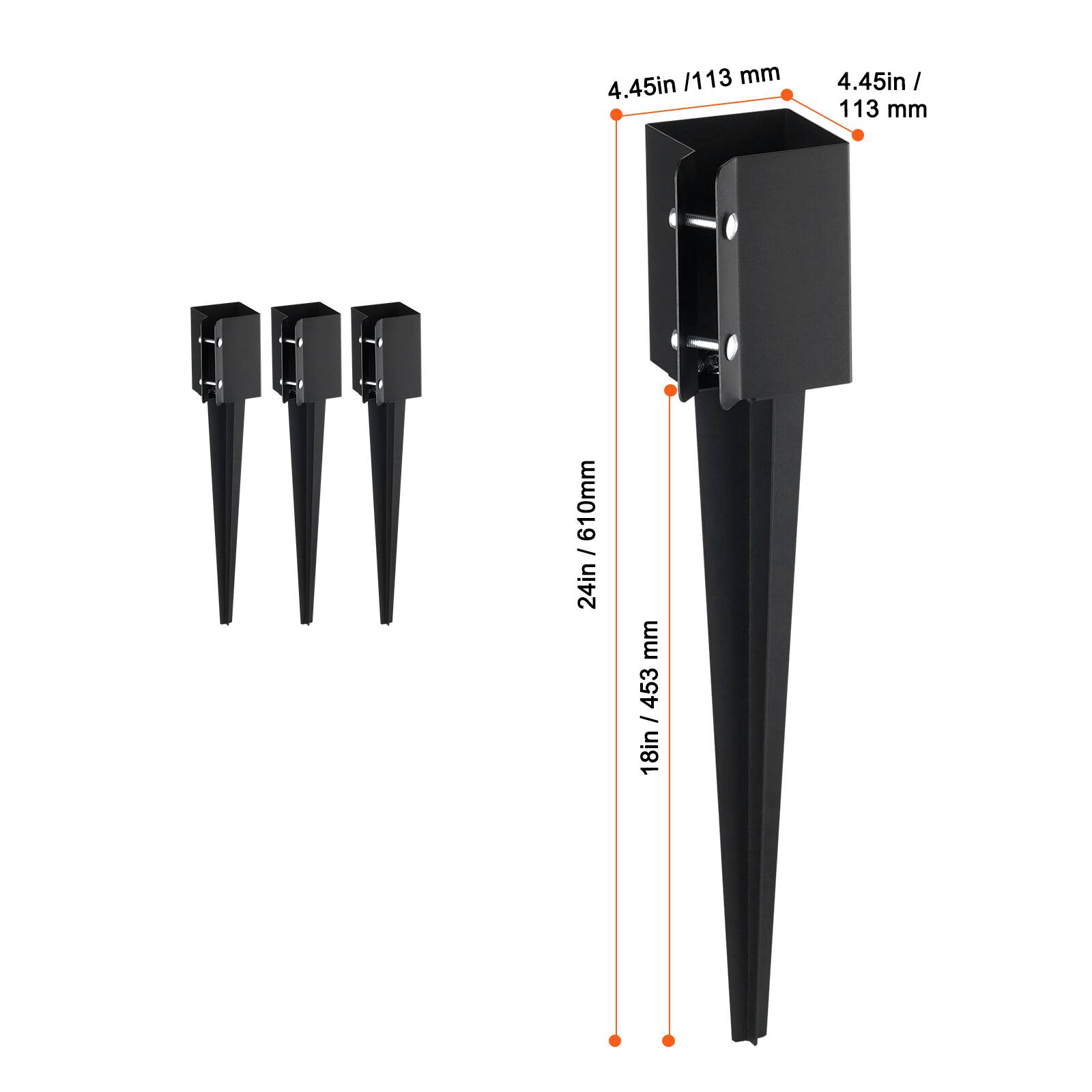 - 4.45in / 113 mm
- 610mm / 24in
- 18in / 453 mm