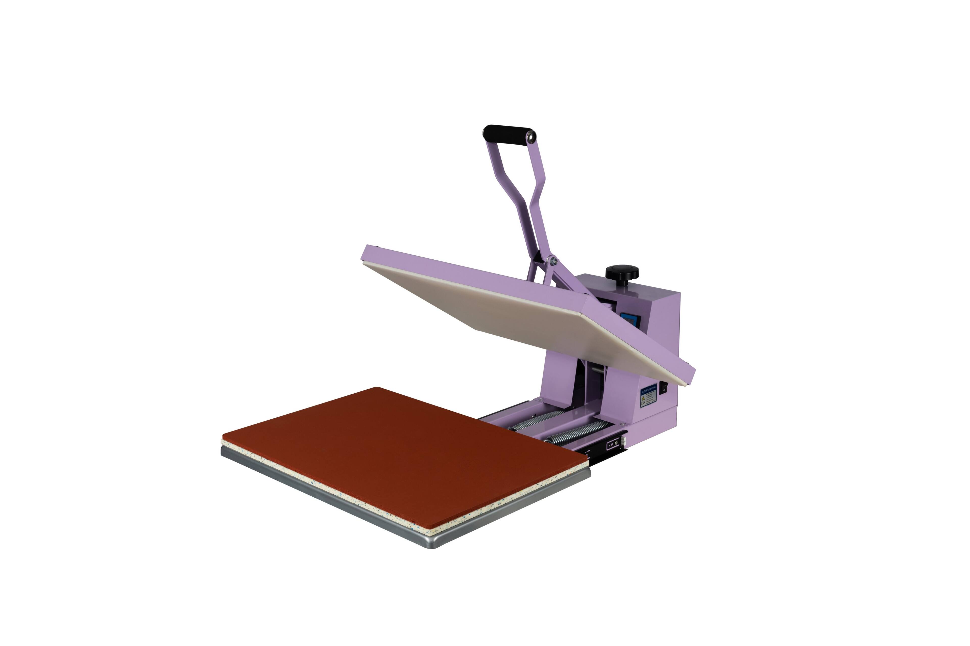Left. ELEMENT ACE - 16x24 Inch Heat Press Machine - Slide-Out Base, Digital Control, Industrial Quality - Purple.
