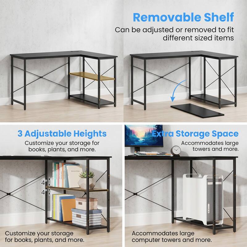 Removable Shelf  
Can be adjusted or removed to fit different sized items

3 Adjustable Heights  
Customize your storage for books, plants, and more

Extra Storage Space  
Accommodates large towers and more

Customize your storage for books, plants, and more

Accommodates large computer towers and more