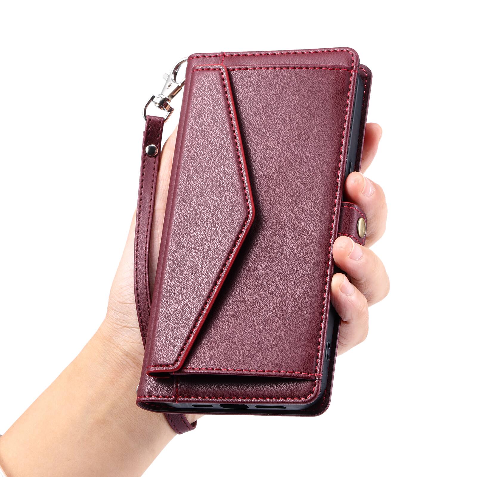 Alt View 3. Dteck - Foilo Wallet Case for Apple iPhone 17 Pro,Shockproof Card Holder PU Leather Magnetic Snap Phone Cover with Lanyard - Winered.