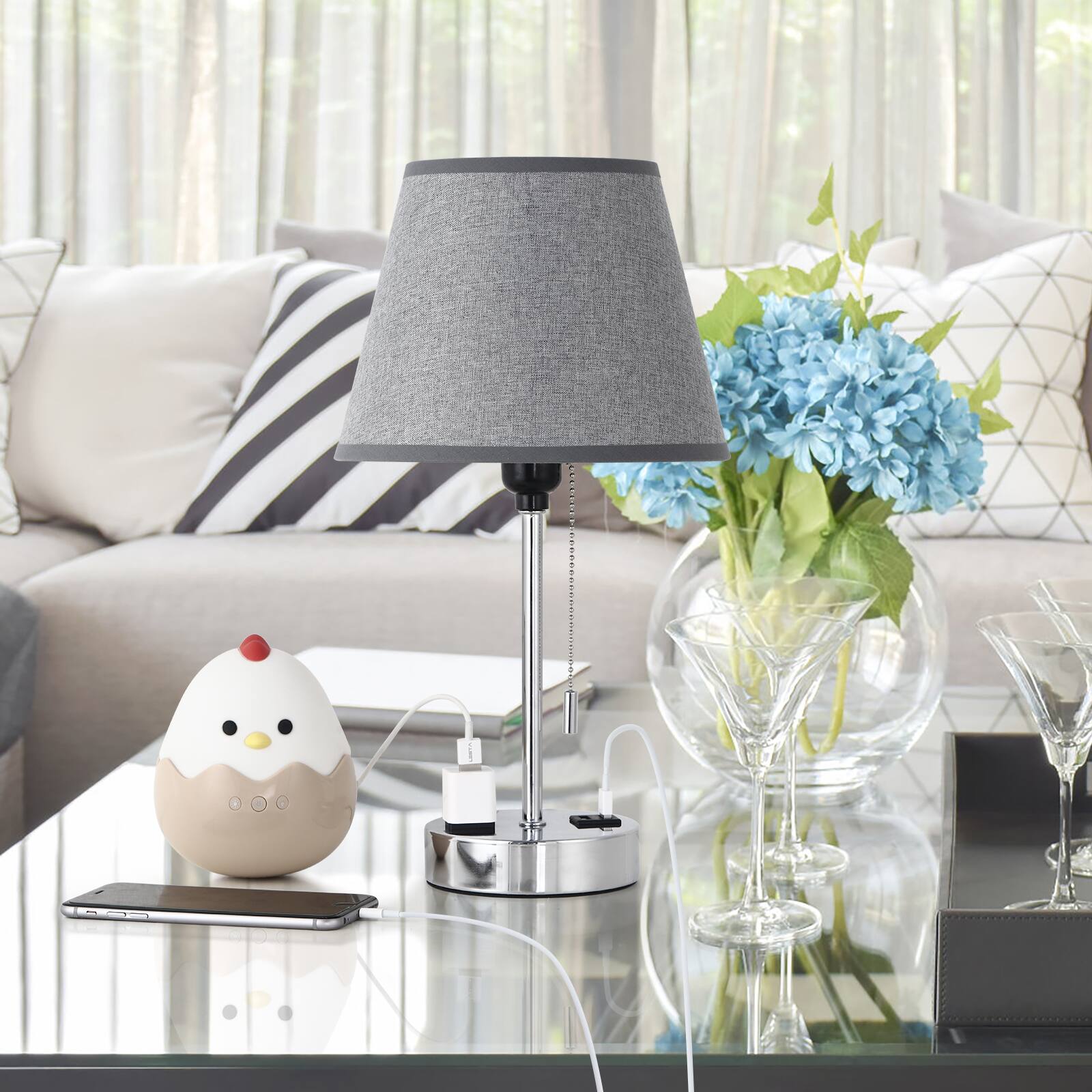 Alt View 3. Oumilen - Set of 2 Grey Fabric Table Lamps with Dual USB & AC Outlet, Pull Chain Switch, 15.75in Bedside Lamp, Bulbs Not Included.