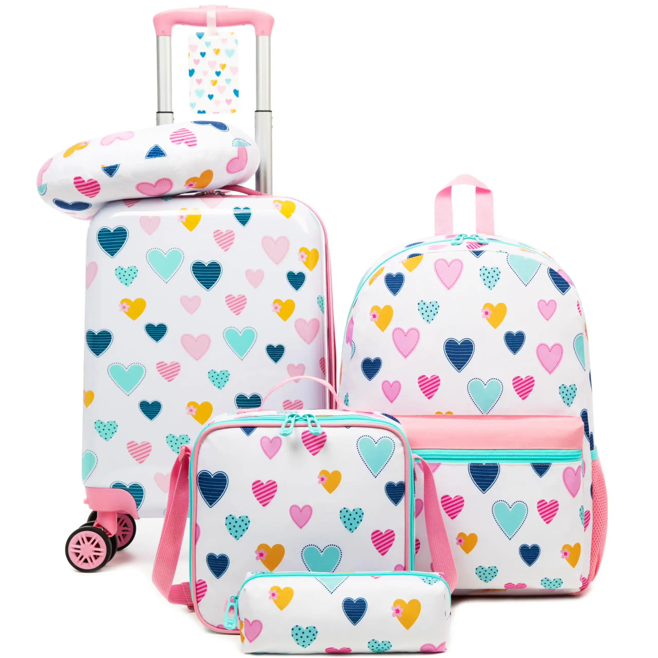 Front. Dapper Styles - Kid's Luggage Set 5 Piece Suitcase 16" Hardside gift packageluggage inch which - 05 White Love.