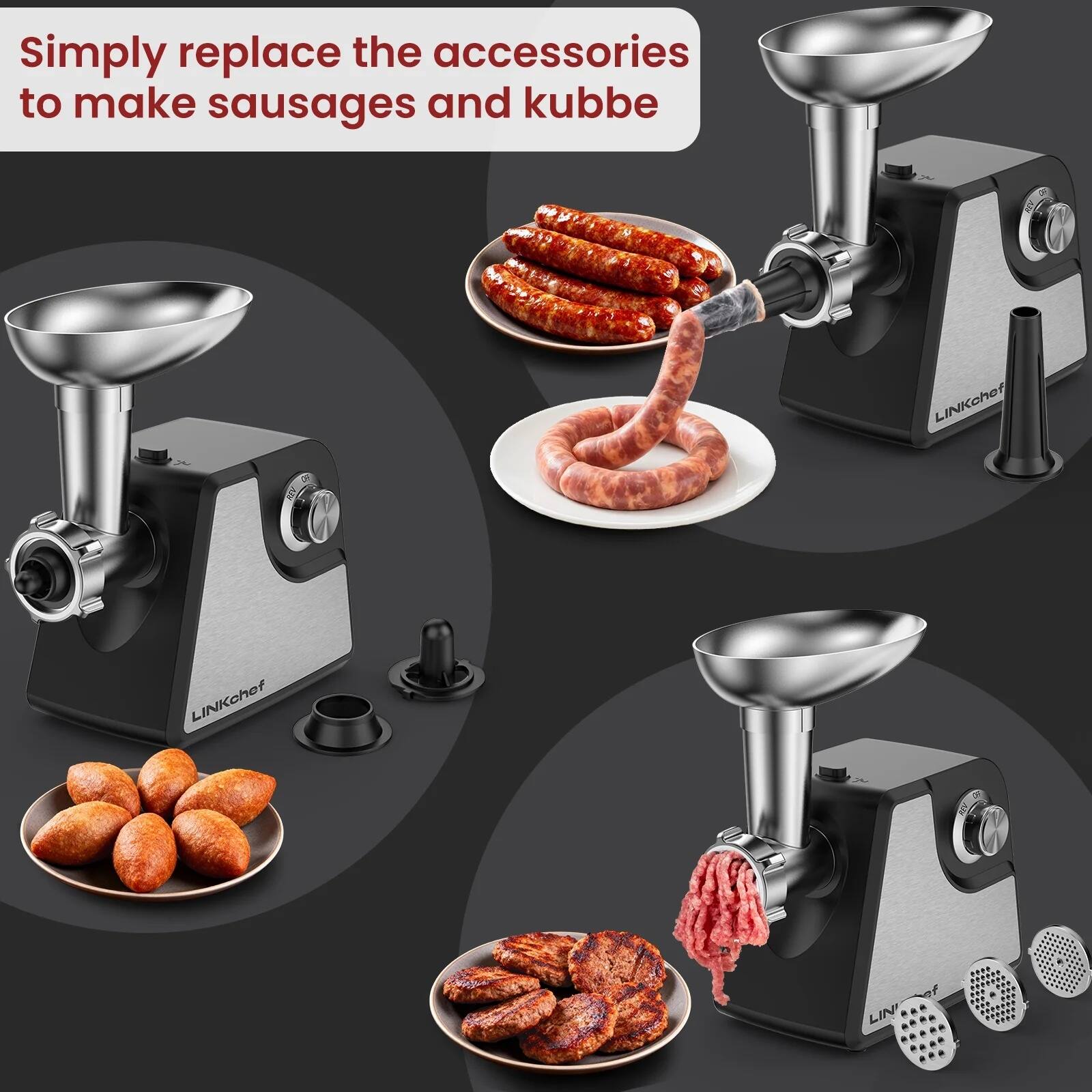 Simply replace the accessories to make sausages and kubbe