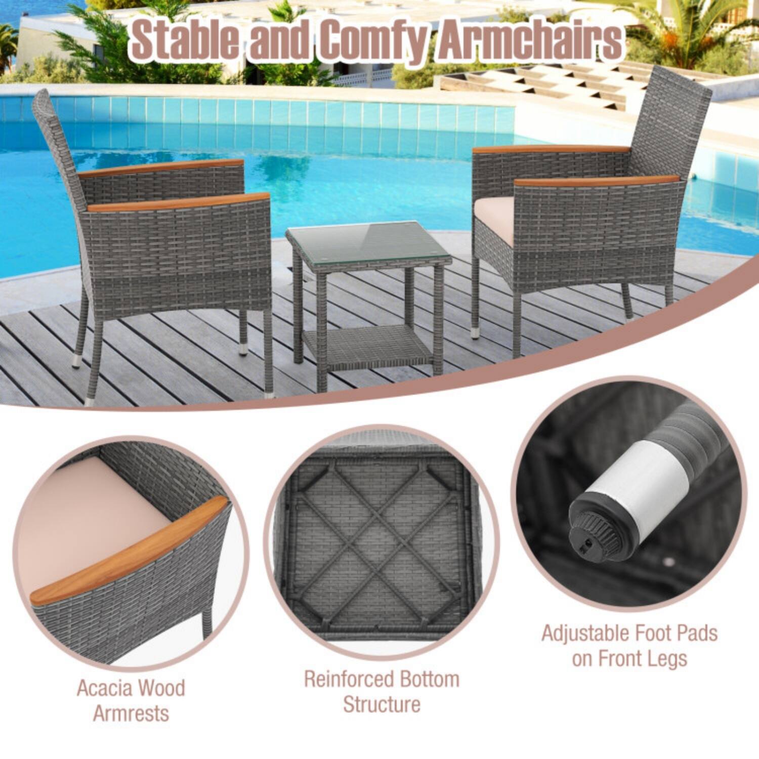 Stable and Comfy Armchairs

- Acacia Wood Armrests
- Reinforced Bottom Structure
- Adjustable Foot Pads on Front Legs