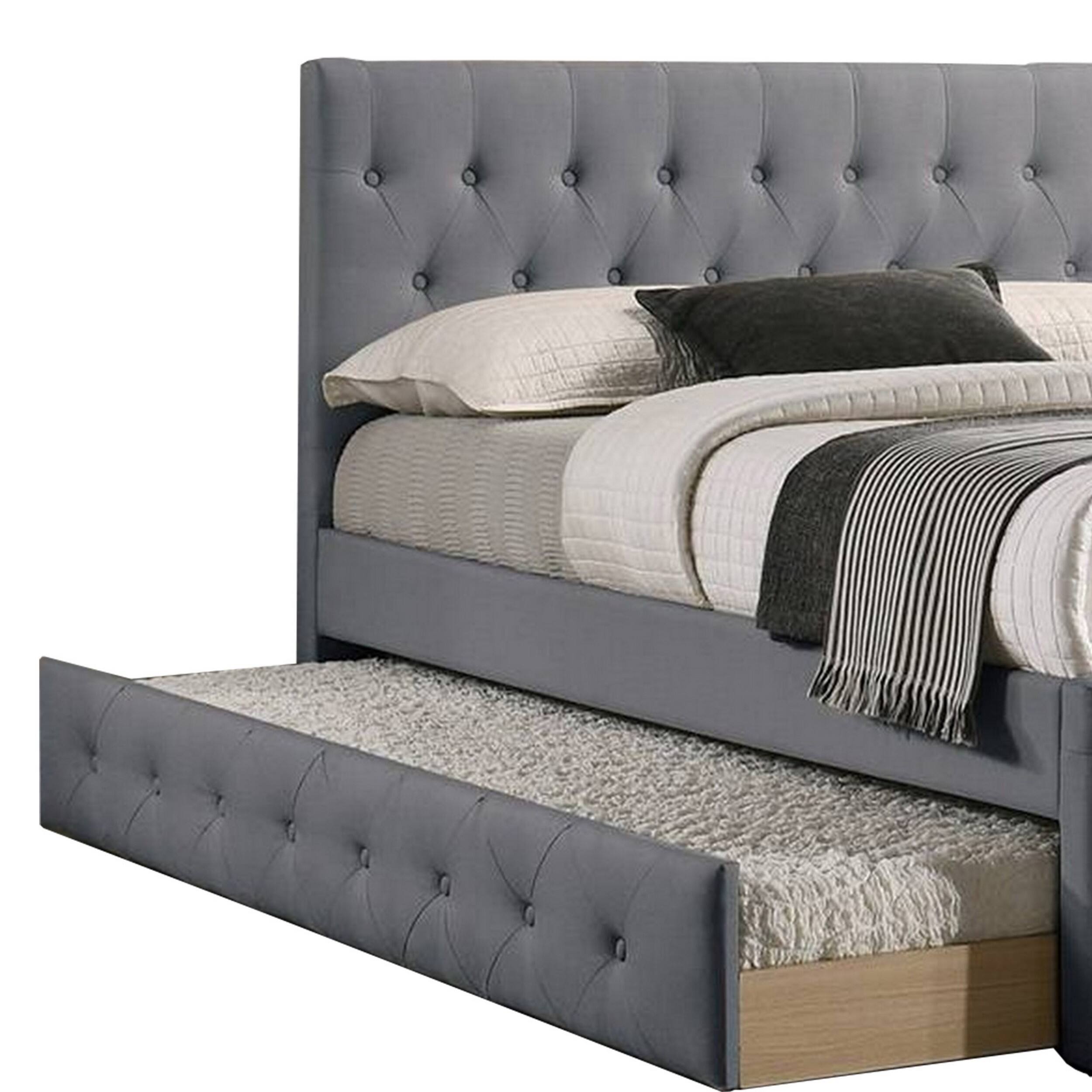 Alt View 1. Manhattan Lane - Nek Wood Twin Size Upholstered Bed with Trundle, Tufted Gray Burlap - Gray.