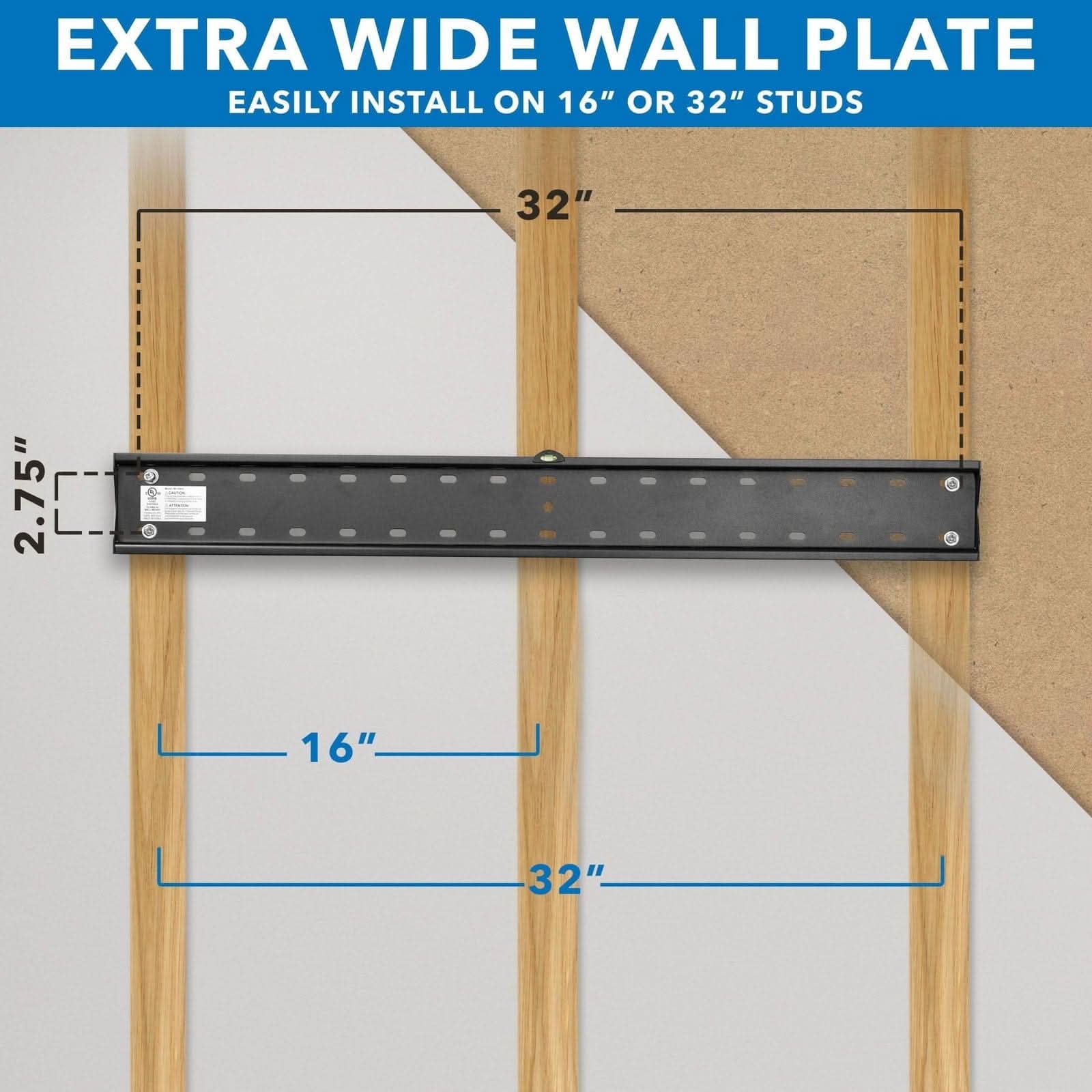EXTRA WIDE WALL PLATE  
EASILY INSTALL ON 16" OR 32" STUDS  

32"  
2.75"  
16"  
32"