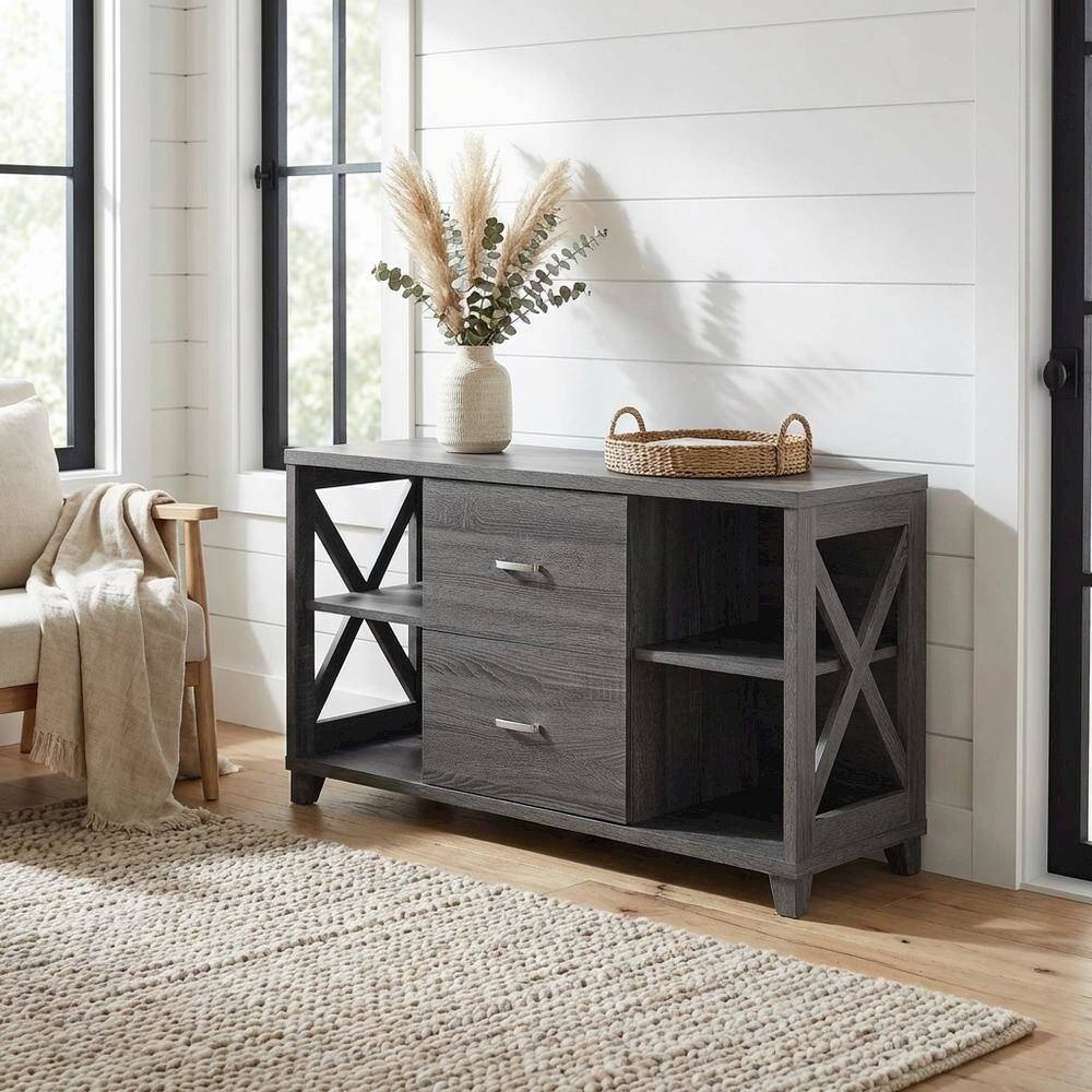 Alt View 1. FurniFact - Gray Oxford Deluxe TV Stand with 2 Drawers and Shelves for 55-Inch Screens - Gray.