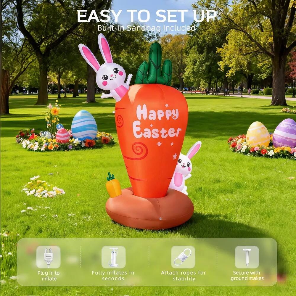 EASY TO SET UP  
Built-in Sandbag Included  

Happy Easter  

- Plug in to inflate  
- Fully inflates in seconds  
- Attach ropes for stability  
- Secure with ground stakes