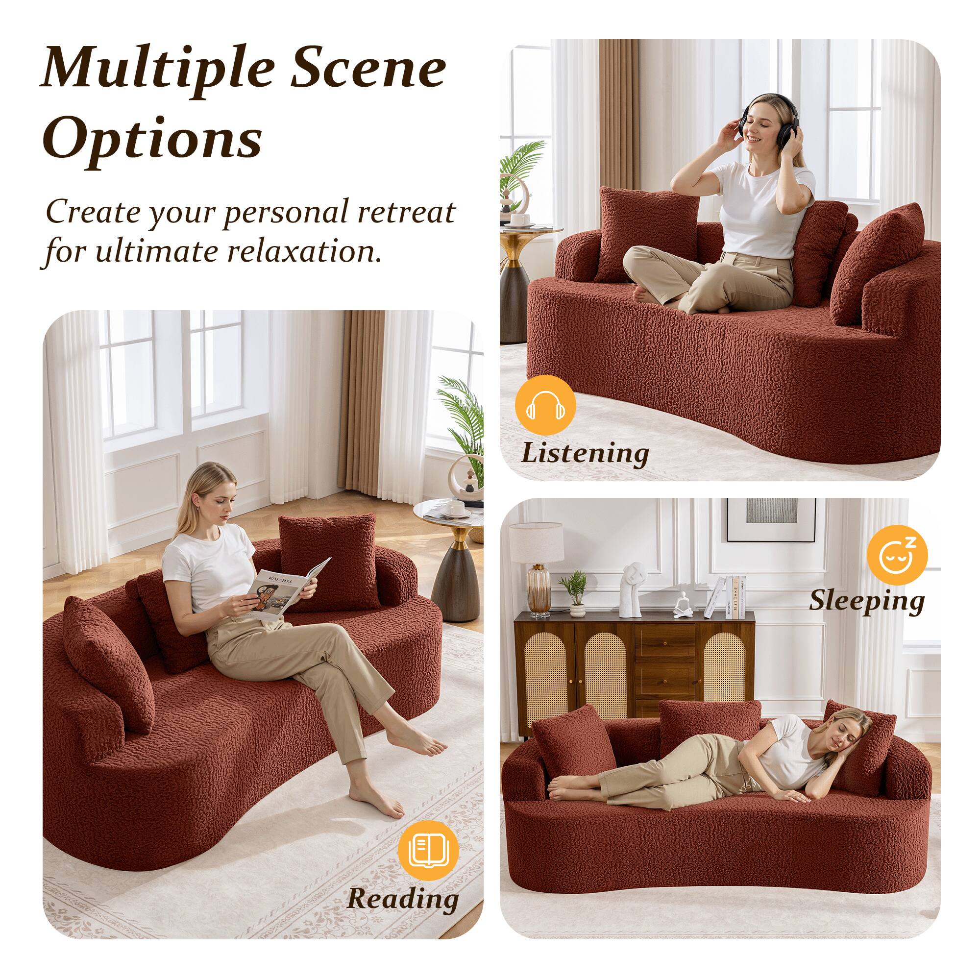 Multiple Scene Options  
Create your personal retreat for ultimate relaxation.  

Listening  
Reading  
Sleeping
