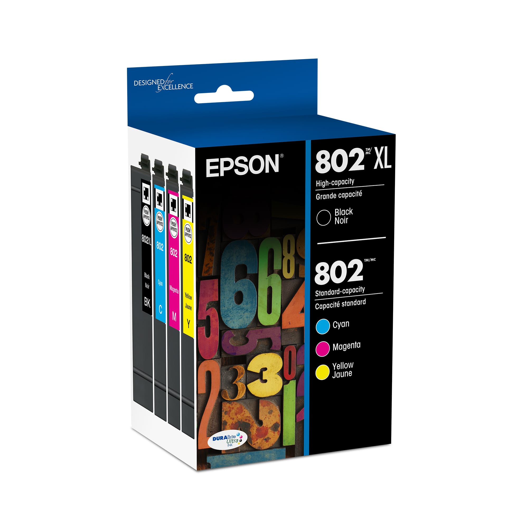 Designed by Epson 802 XL High-capacity Grande capacit E D 1 Black R Noir P a PL 8020 8552 802 8 802 1 - o to lm 66' 6 802 Bpets Standard-capacity Nou BK Capacit standard M 5 Y Cyan Magenta 3 O Jaune Yellow 2 3 DURAS Ut i I A