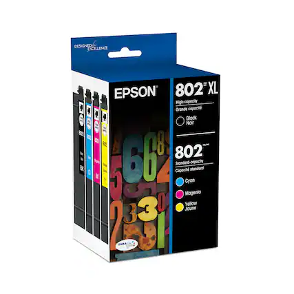 Designed by Epson 802 XL High-capacity Grande capacit E D 1 Black R Noir P a PL 8020 8552 802 8 802 1 - o to lm 66' 6 802 Bpets Standard-capacity Nou BK Capacit standard M 5 Y Cyan Magenta 3 O Jaune Yellow 2 3 DURAS Ut i I A