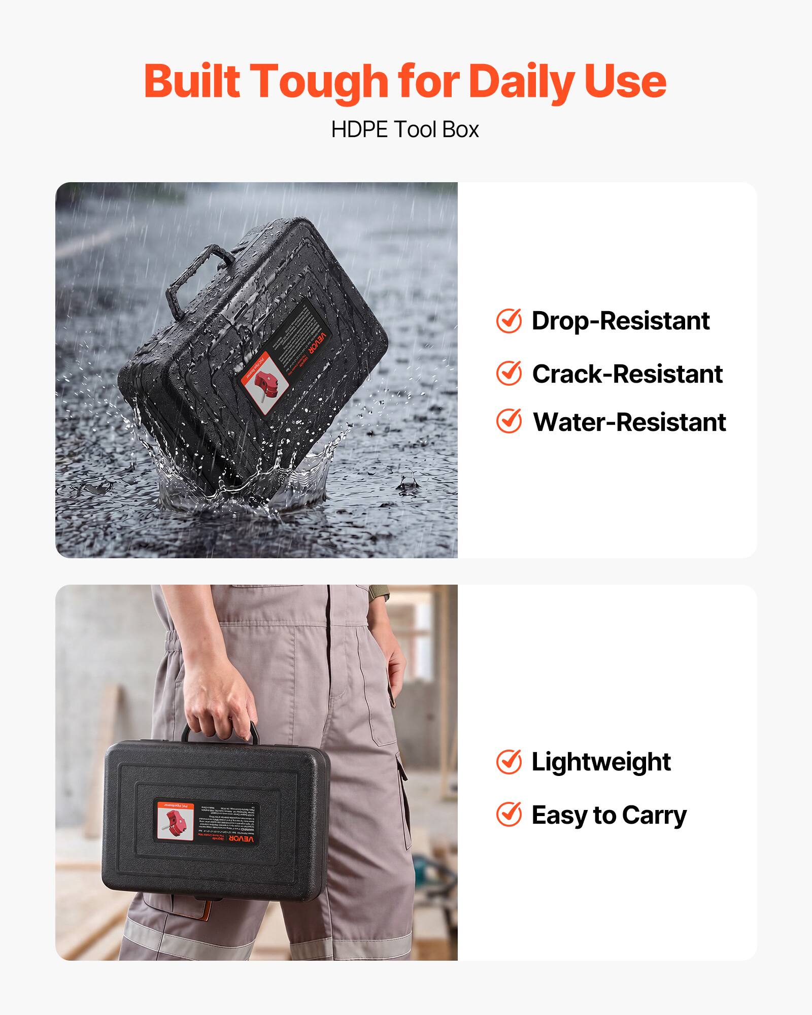 Built Tough for Daily Use  
HDPE Tool Box

- Drop-Resistant
- Crack-Resistant
- Water-Resistant
- Lightweight
- Easy to Carry
