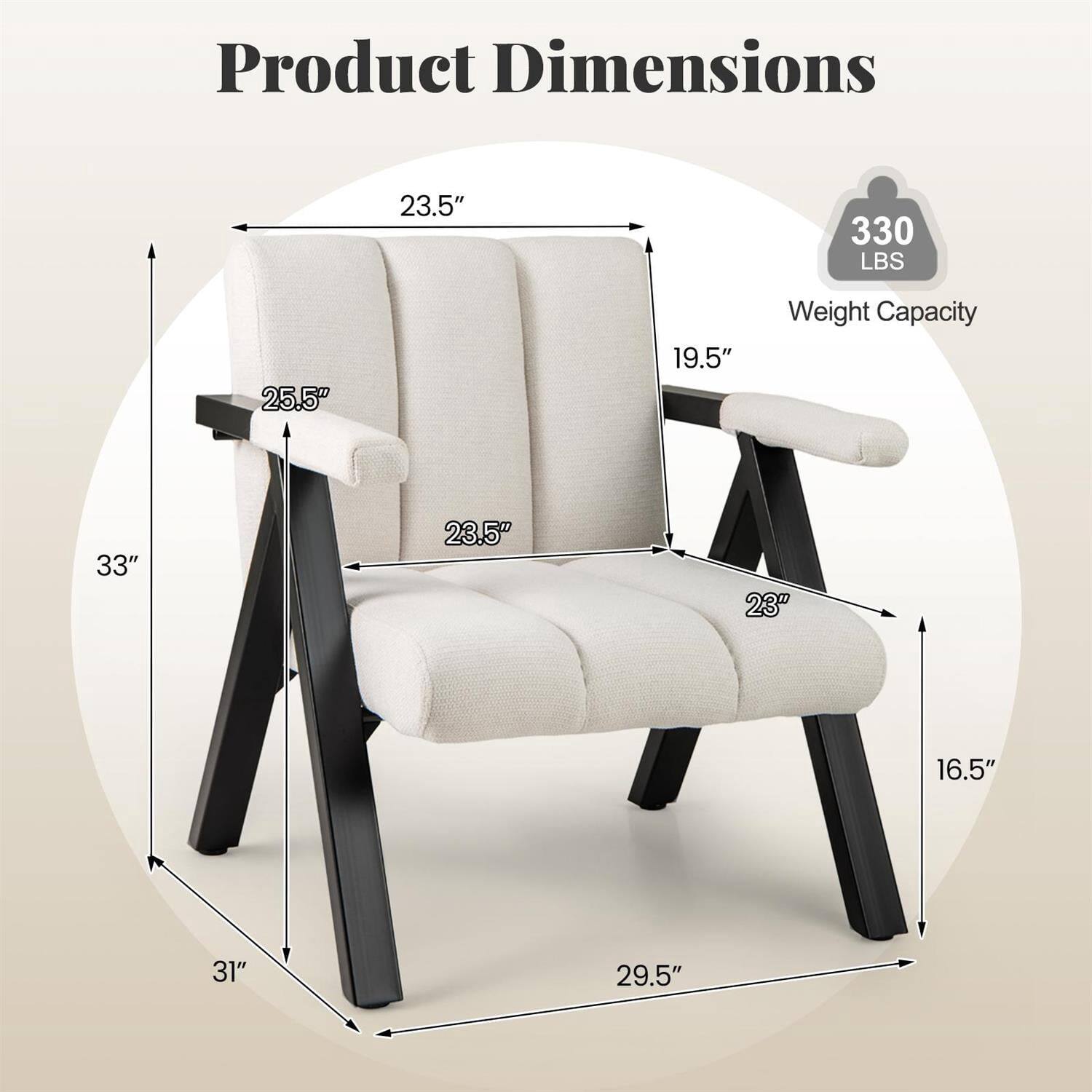 Product Dimensions:  
- Width: 33"  
- Depth: 31"  
- Height: 33"  
- Seat Height: 19.5"  
- Armrest Height: 25.5"  
- Back Height: 23.5"  
- Seat Depth: 23"  
- Armrest Width: 29.5"  
- Base Width: 23"  
- Base Depth: 16.5"  

Weight Capacity: 330 LBS