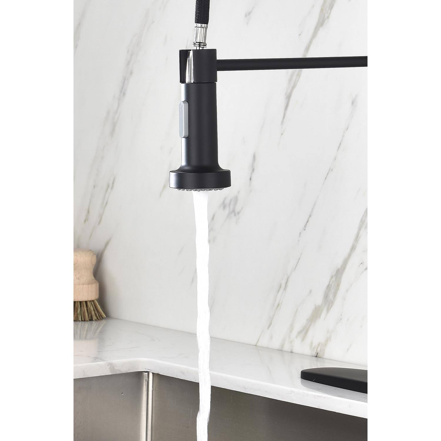 Alt View 6. Siljoy - Pull down Single Handle Spring Kitchen Faucet - Matte Black.