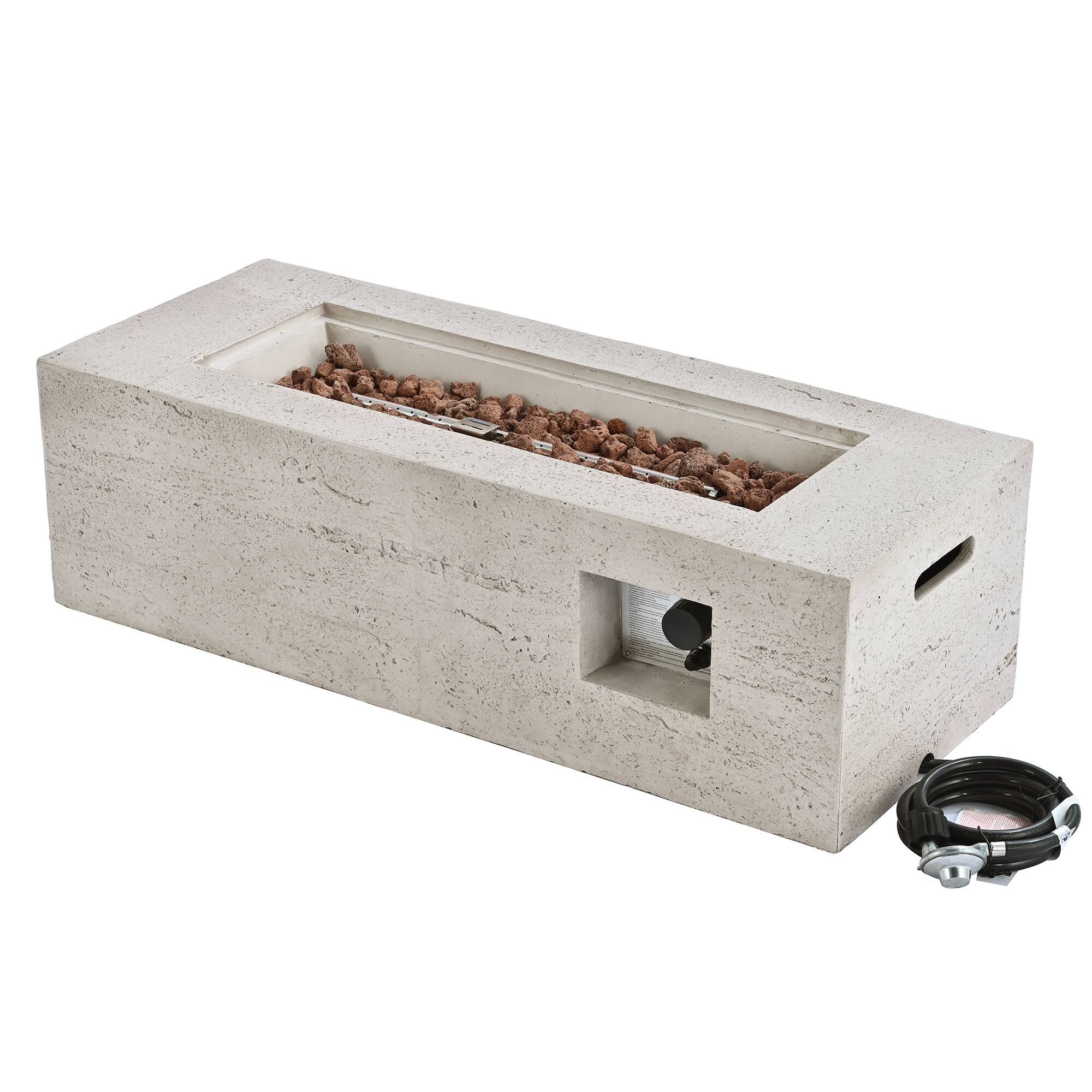 Left. Whisen - 2-Piece Propane Fire Pit Table Set, MGO Rectangle Fire Pit with Tank Cover Side Table for Patio - Beige,Light Gray.