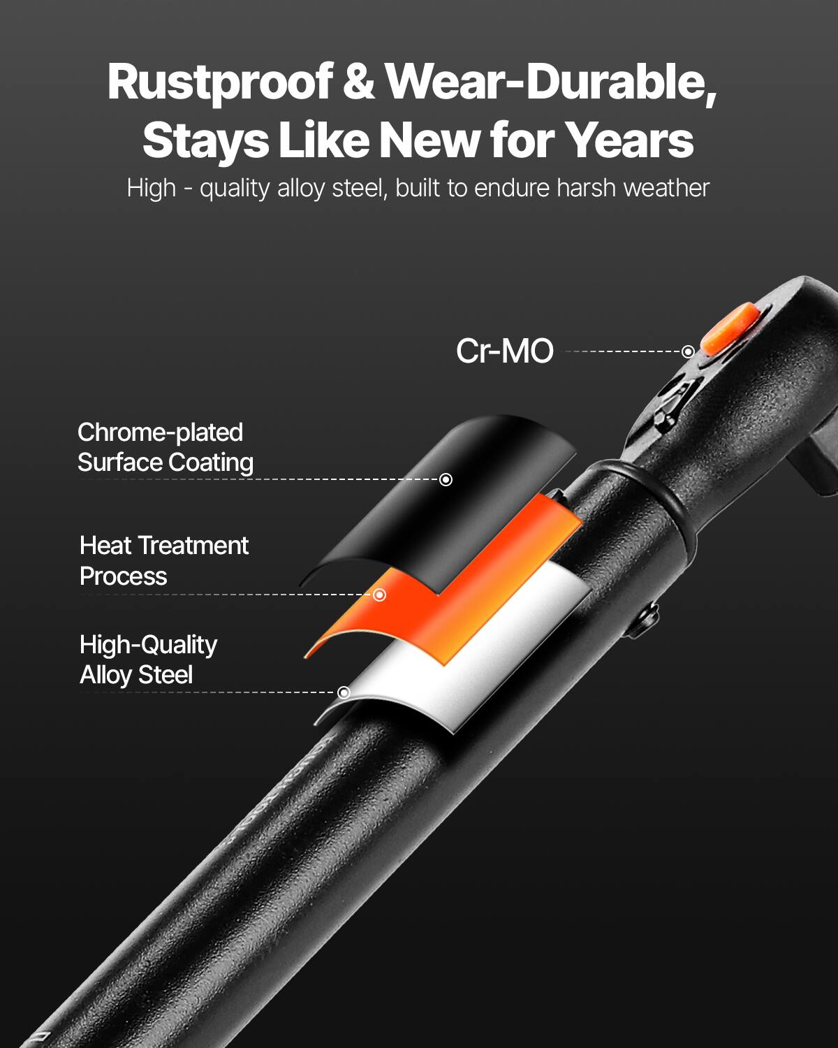 Rustproof & Wear-Durable, Stays Like New for Years

High-quality alloy steel, built to endure harsh weather

- Cr-MO
- Chrome-plated Surface Coating
- Heat Treatment Process
- High-Quality Alloy Steel