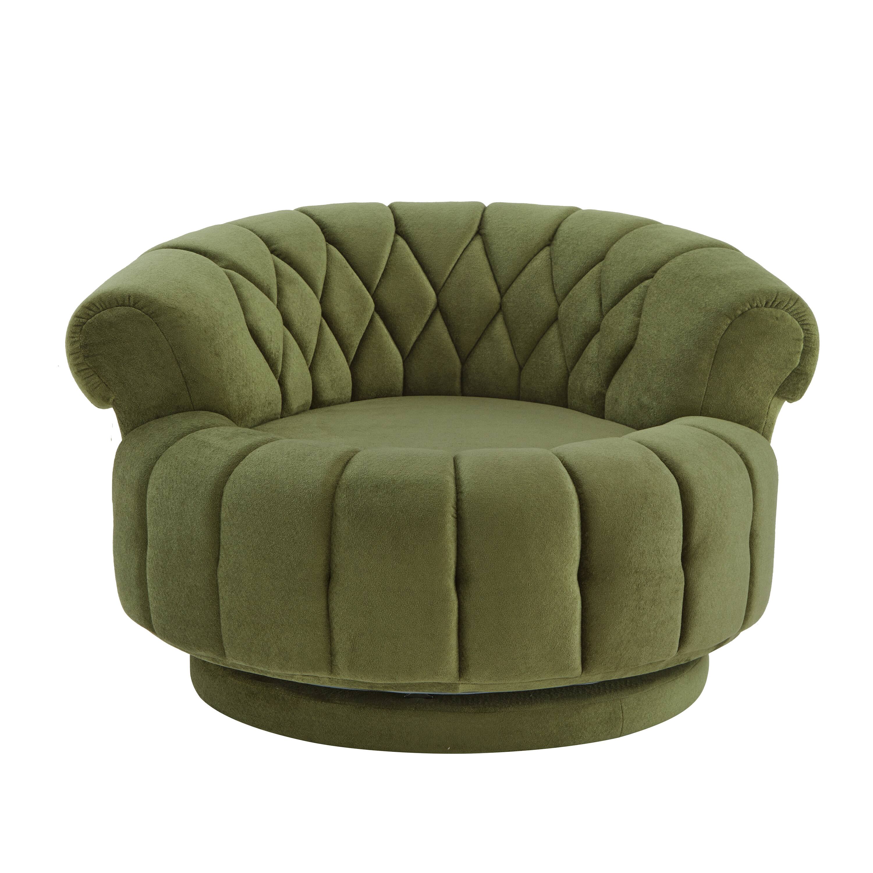 Angle. Whisen - 45.9" Oversized Round Swivel Sofa Accent Chair with Tufted Back and Chenille Upholstery - Green.