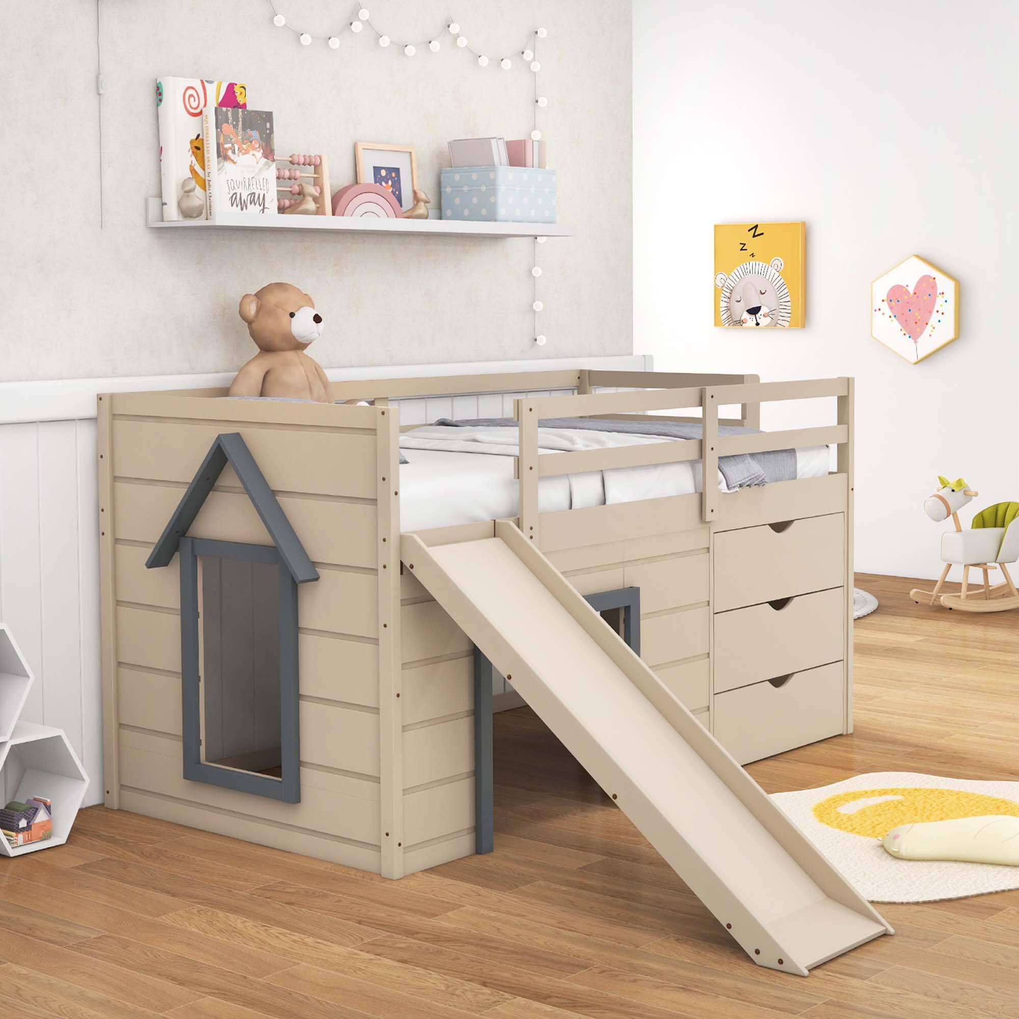 Alt View 9. Costway - Costway Twin Low Loft bed with Slide Ladder Storage Drawers Play Game Space Wooden - Beige,Gray.